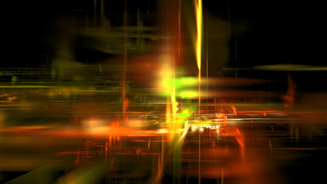 Visitors watch the colorful light patterns during a digital art show in a dark space at night. The display features bright colors and dynamic movement. 3d render
