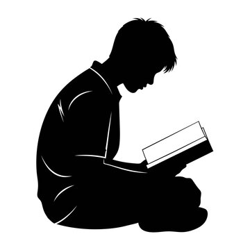 Side view profile silhouette of young student sitting and reading book vector illustration