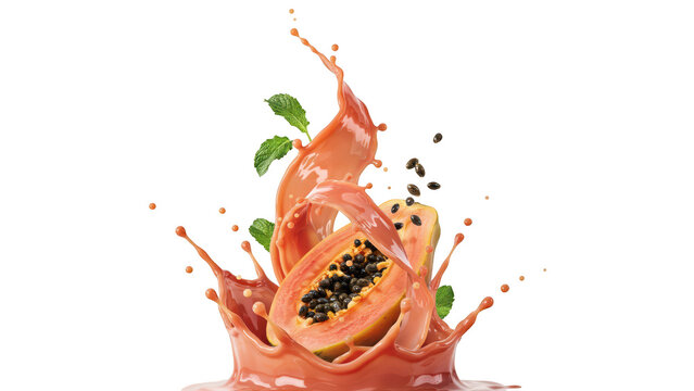 Fresh papaya fruit halves with black seeds falling into a splash of papaya juice with mint leaves isolated on a black background, liquid motion