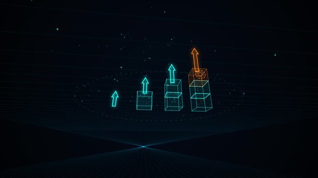 Digital growth bar chart animation with glowing neon cubes and rising arrows for business data visualization and financial success concepts