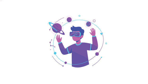 Person wearing virtual reality headset exploring a colorful digital space environment surrounded by floating planets and orbital rings.