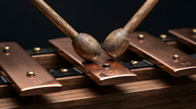 Close up of wooden xylophone mallets on copper bars.