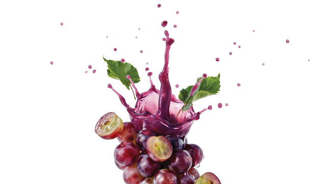 Fresh purple grapes falling into dark liquid creating a crown splash with green leaves on a black background, speed capture