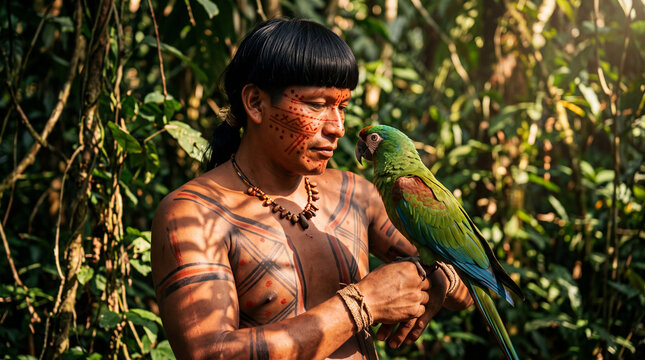 indigenous man with traditional face and body paint holding a green parrot in the amazon rainforest