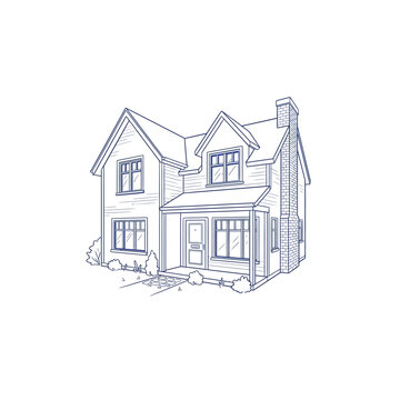 Classic Suburban House with Chimney Monoline Illustration