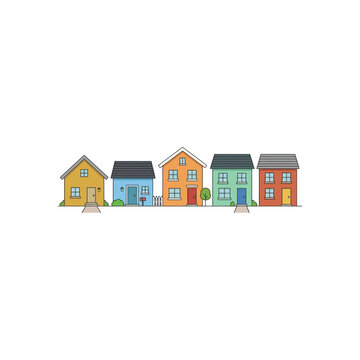 Colorful Suburban Houses Street Row Flat Vector Illustration