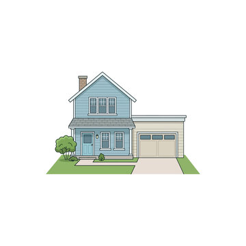 Classic Two Story Residential House Flat Cartoon Style