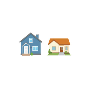Two Cute Suburban Houses, Blue and Cream Home Set, Flat Illustration
