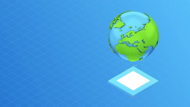 3D animated rotating world globe with isometric platform on blue background.