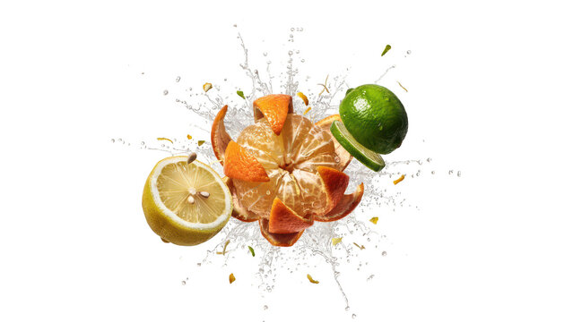 Fresh peeled orange segments, lemon half, and lime slice splashing in water with droplets isolated against a solid black background, food