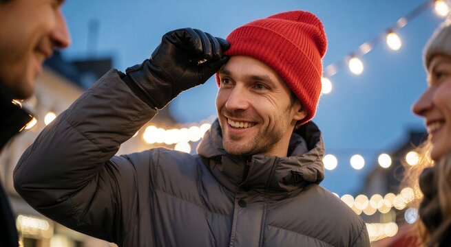 Man adjusting red beanie outdoors at twilight, smiling warmly near holiday lights, suggesting ice skating atmosphere.