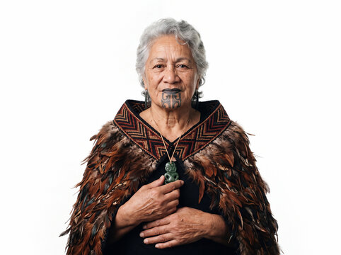 senior maori woman with moko kauae chin tattoo wearing traditional feather cloak and greenstone isolated on white background