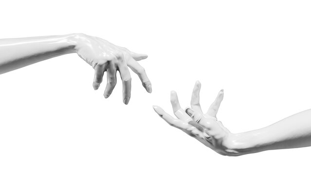 Two hands are reaching out towards each other in a space with no distractions. The hands are covered in a smooth material that adds a unique look. 3d render