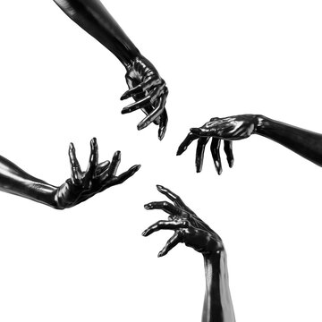 Hands coated in black paint are displayed in different poses against a plain white background. Each hand appears to be reaching or extending in various directions. 3d render
