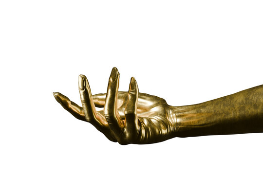 A gold hand sculpture extends outward. The hand is detailed, showing fingers and a smooth surface. It is placed against a plain background. 3d render