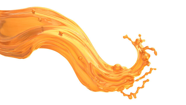 Bright orange liquid flows in a smooth line, creating a wave-like shape. Small droplets splash off the main stream, showcasing movement and energy in the design. 3d render