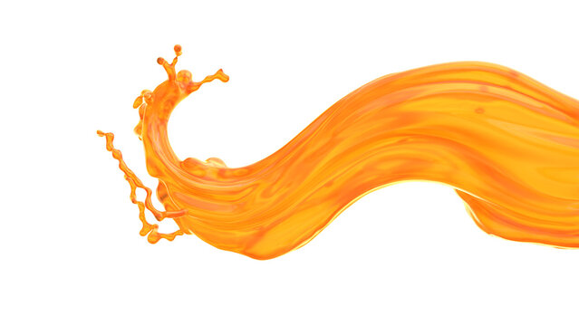 Liquid splashes and flows in a smooth wave shape, creating a bright orange trail. The background is plain white, highlighting the movement of the liquid. 3d render