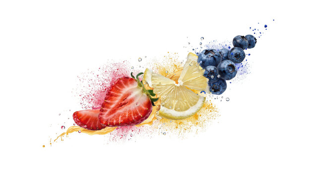 Fresh strawberry slice and blueberries with colorful fruit powder splashes on a black background, vibrant food for healthy diet