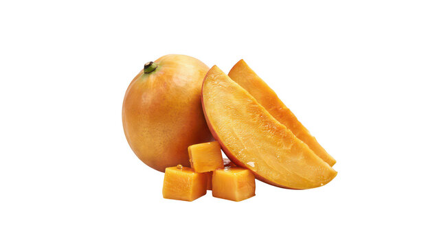Fresh tropical mango fruit featuring one whole mango, a large slice, and small diced cubes arranged together against a solid black background