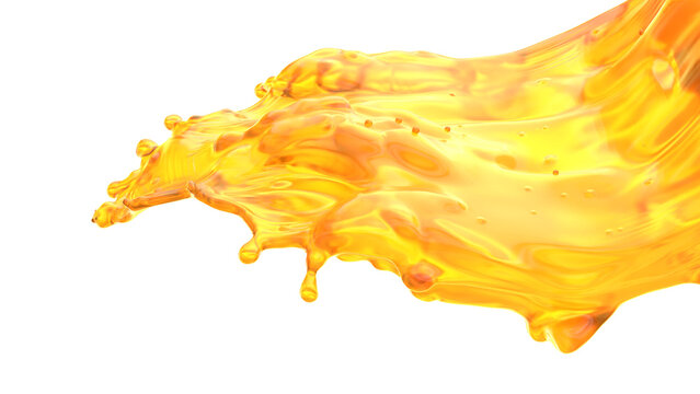 Bright yellow liquid moves rapidly in a flowing motion on a plain white background. The liquid forms splashes and droplets while taking various shapes as it flows. 3d render