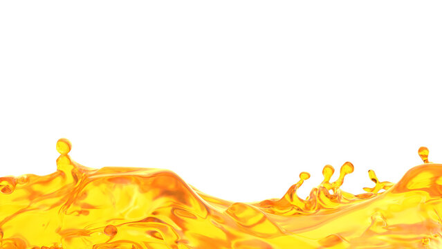 Bright orange oil liquid water splashes and forms waves, sending small droplets flying in the air. The background is clean and white, highlighting the vivid color of the liquid. 3d render