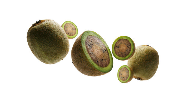 Multiple fresh kiwi fruit pieces including whole fruits and cross-section slices floating in the air against a solid black background space