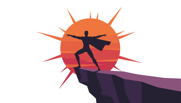 Superhero standing in a confident pose on a steep cliff edge against a giant sun in a bold vector silhouette graphic.