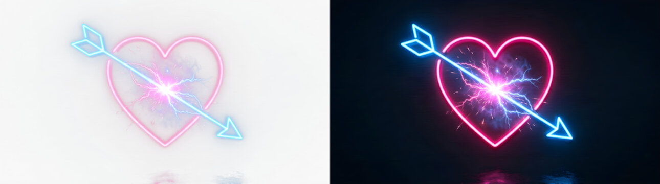 Neon glowing heart pierced by an arrow with sparkling magic particles