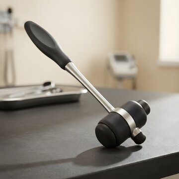 Neurological reflex hammer on clinic table, professional medical diagnostic tool, stainless steel percussion hammer for physical exams