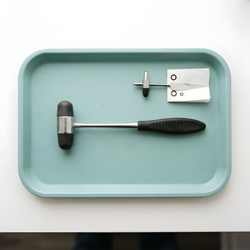 Neurological reflex hammer and sensory pinwheel, diagnostic medical tools on clinic tray, clinical examination equipment