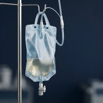 Medical IV drip bag hanging on metal stand. Intravenous saline solution in plastic bag for hospital therapy. Healthcare infusion equipment.
