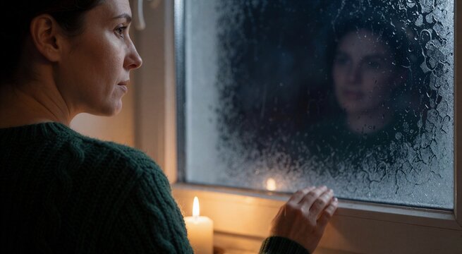 Woman looking out a rain-streaked window with a flickering candle, creating a cozy and wistful holiday mood.
