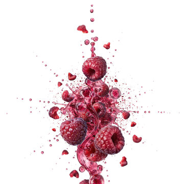 Multiple fresh red raspberries splashing into a vertical stream of red fruit juice, isolated on a solid black background, dynamic food shot