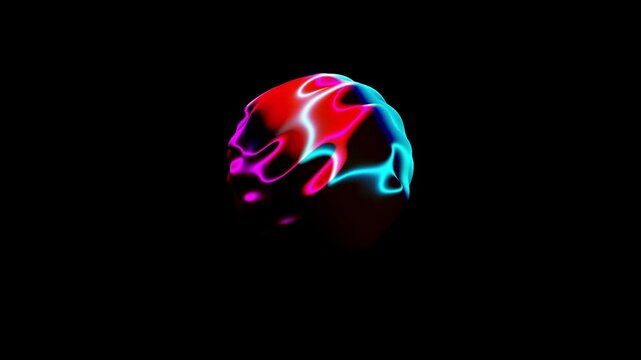 Glowing neon sphere morphs with liquid iridescent ripples on a black void in a vibrant 3D animation for gaming hubs and app menus