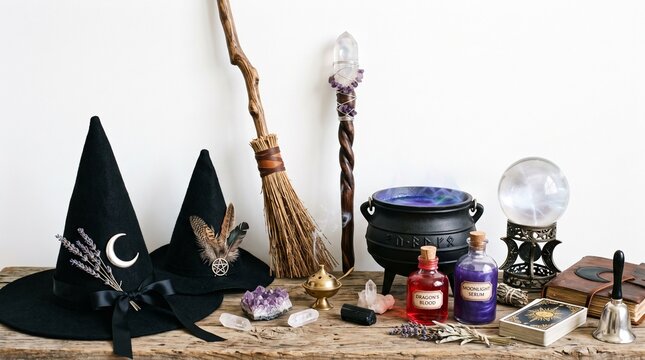 Collection of witchcraft tools on wooden surface&mdash;two black hats with moon and moth, broomstick, cauldron, wand, crystal ball, crystals, bottles, tarot cards, dagger.
