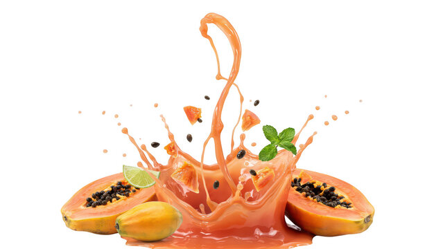 Ripe papaya fruit pieces and a lime wedge falling into a vibrant orange juice splash with fresh mint leaves isolated on a solid black background
