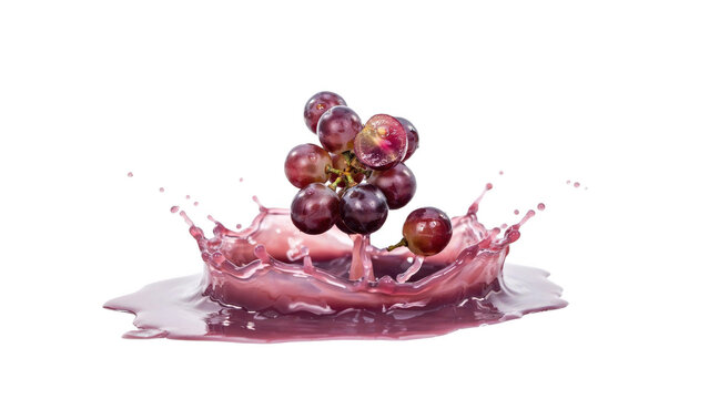 Ripe purple grapes dropping into dark liquid creating a wide crown splash with scattered droplets on a black background, speed food