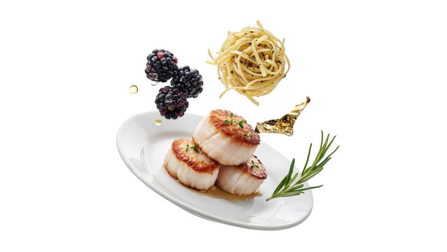 Seared scallops served on a white plate with floating blackberries, a nest of spaghetti pasta, and a fresh sprig of rosemary on black background