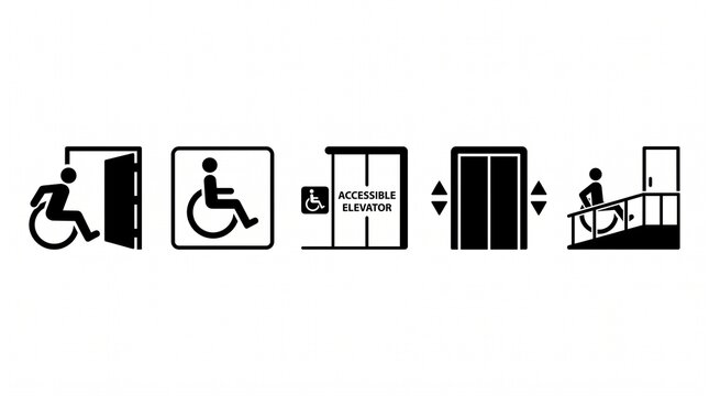 Five black‑and‑white accessibility icons&mdash;wheelchair entry, wheelchair symbol, accessible elevator sign, standard elevator, wheelchair ramp&mdash;representing mobility accommodations.