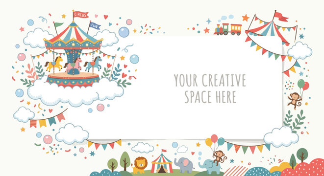 A charming pastel circus-themed vector frame template featuring a carousel, cute animals, clouds, and colorful bunting.