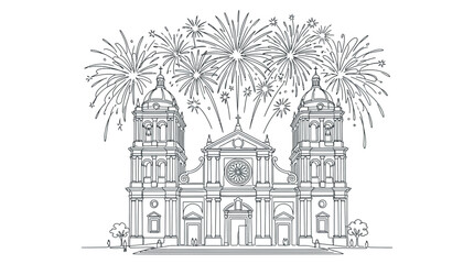 Naklejka premium Festive line art sketch of a grand church building with celebration fireworks