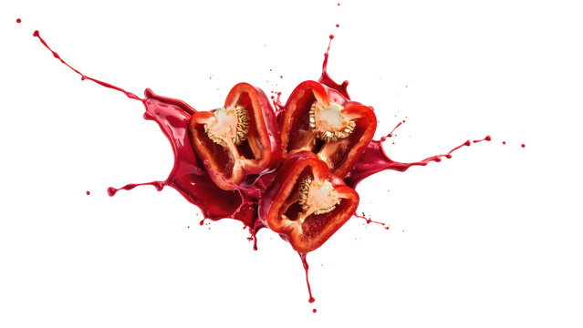 Three fresh red bell pepper sections floating in the air, surrounded by a large, artistic splash of red liquid against a solid black background