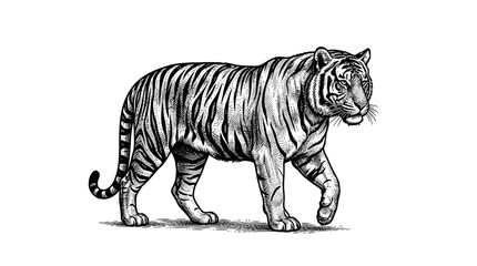 Fototapeta premium Detailed woodcut illustration of a tiger walking.