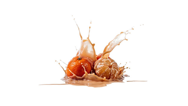 Two fresh orange tangerines falling into a creamy liquid creating a large splash with droplets isolated on a black background