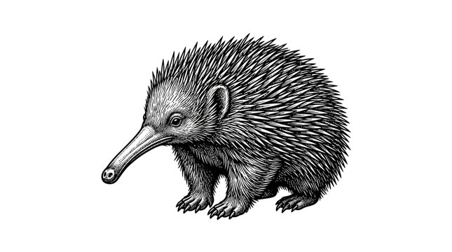 Hand-drawn echidna engraving on white background.