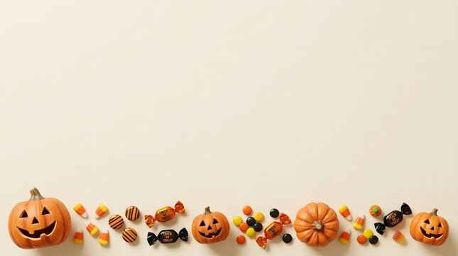 Carved pumpkins candies and autumn treats lie on transparent background jackolanterns halloween fall sweets confectionery orange yellow brown wrappers chocolate corncandy festive seasonal celebration 
