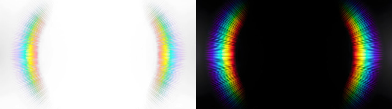 Abstract rainbow spectrum curved light arcs on black and white background