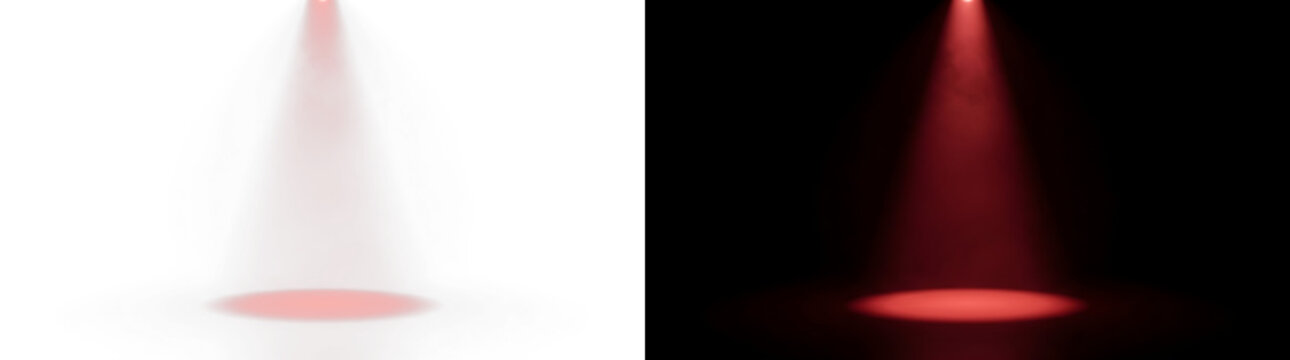 Red theatrical spotlight shining down onto a dark stage floor with spotlight