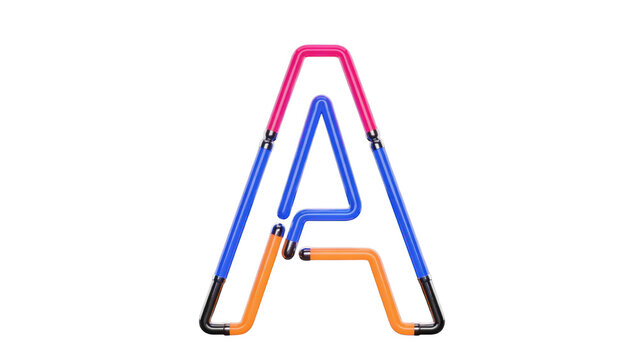 Capital letter a formed by pink, blue, and orange neon glass tubes with metal connectors isolated on a transparent background