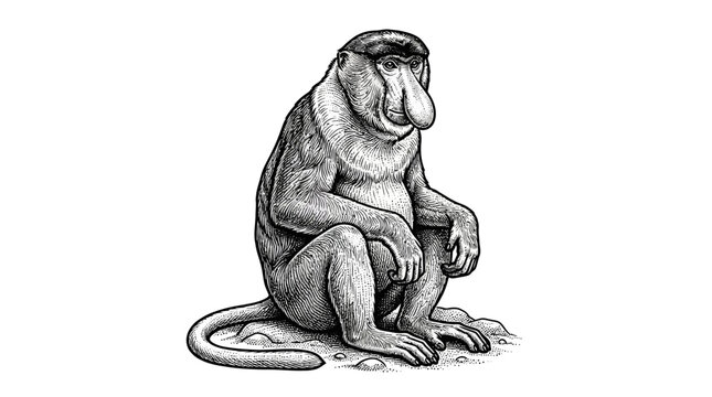 Proboscis monkey sitting hand-drawn vintage sketch.